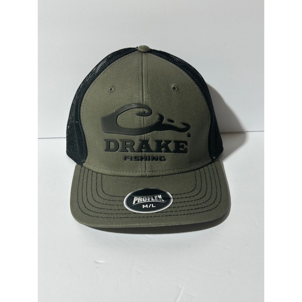 Drake Fishing Hat Stretch Fit Cap Trucker Style Loden Black Medium/Large New